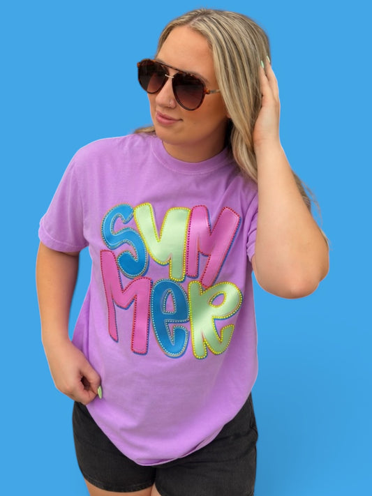 Fabric Multicolored Summer Word with Dimond Detail Patch T-Shirt