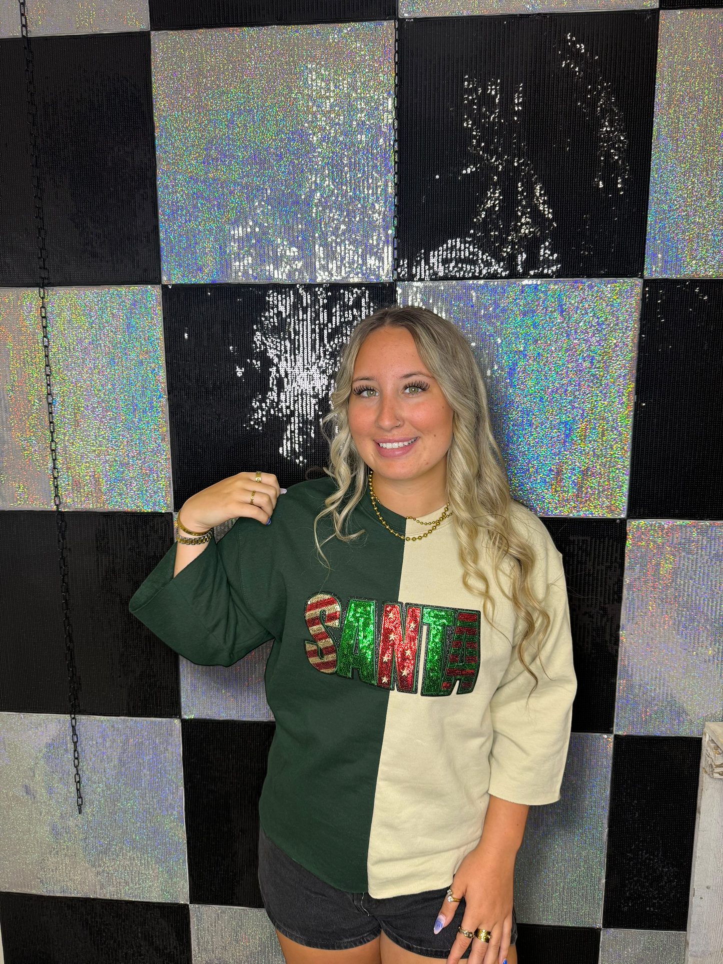 Split Crewneck Red/Forest Green - Block  Sequins Santa