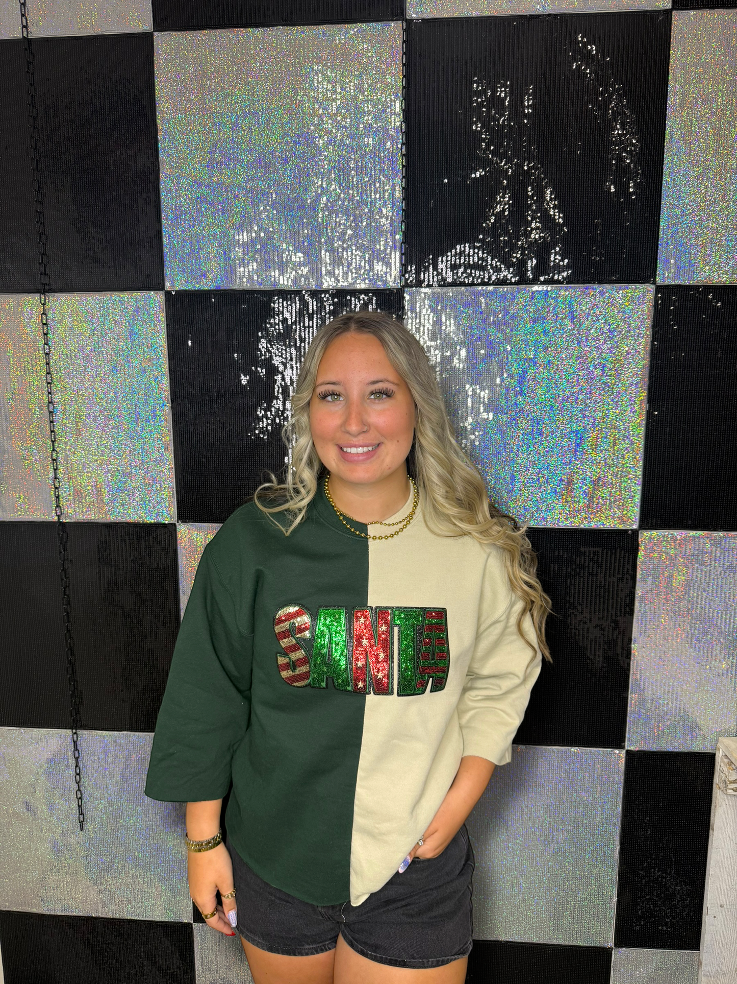 Split Crewneck Red/Forest Green - Block  Sequins Santa