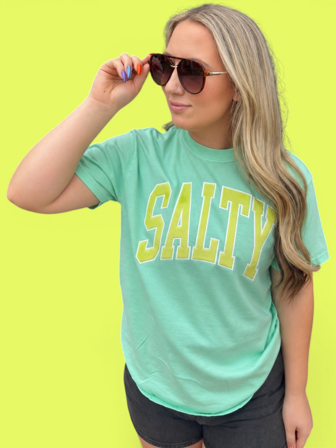 Fuzzy Light Green Salty Word Patch T-Shirt