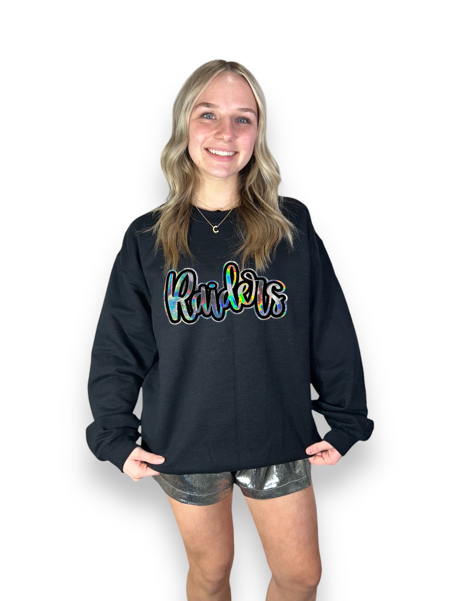 Cursive metallic raiders iron on patch black sweatshirt