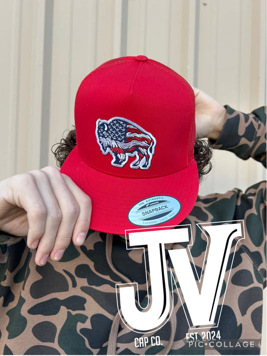 Red buffalo patch on red cap
