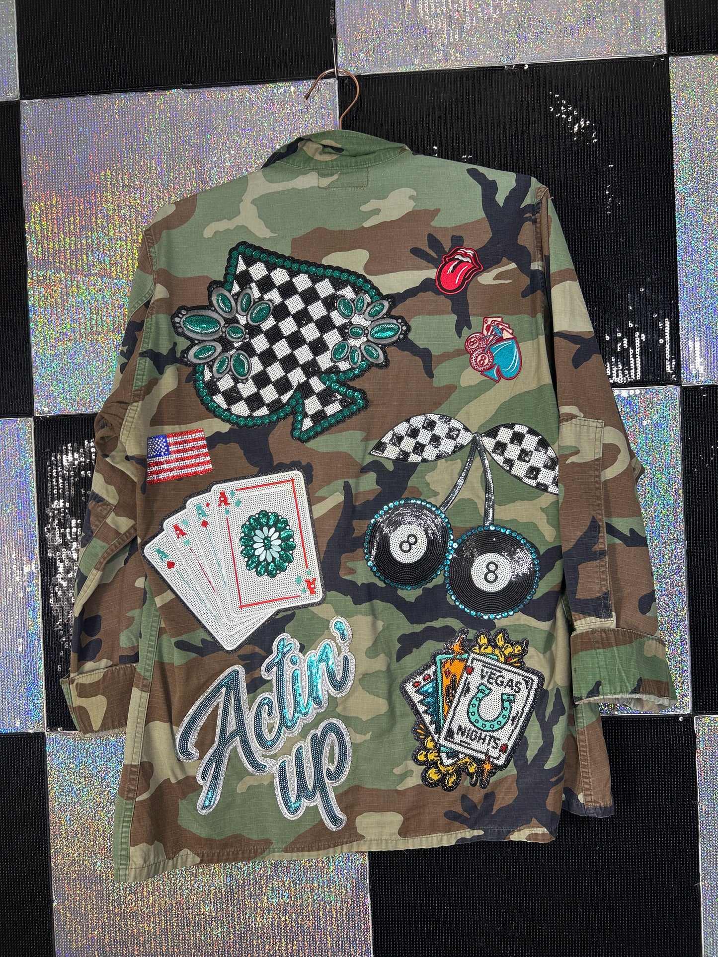 Camo actin up, cherries, spade jacket