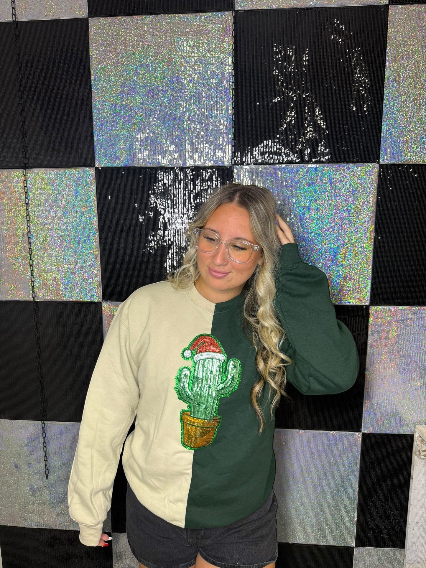 Split Crewneck Forest Green/Sand- Cactus With Santa Hat