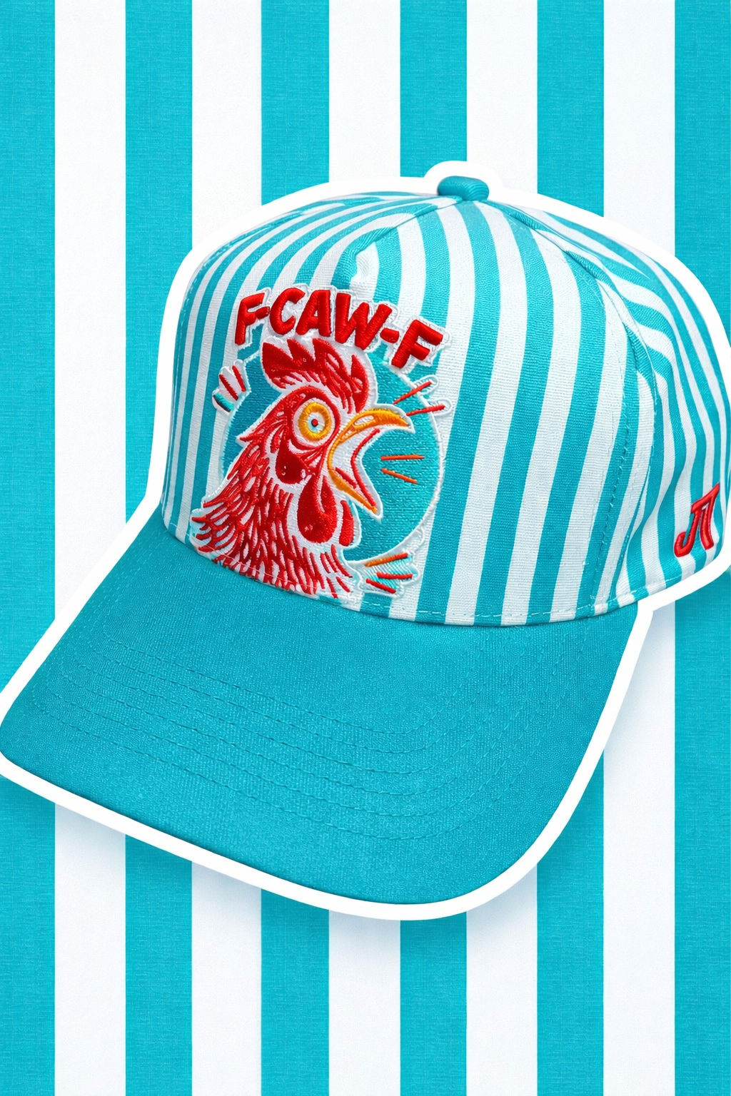 Cap with rooster design and 'FCAW-F' text on a blue and white striped background