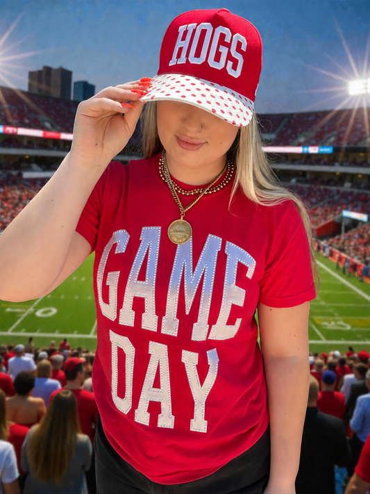 Person wearing a red 'HOGS' cap and 'GAME DAY' t-shirt at a sports event.