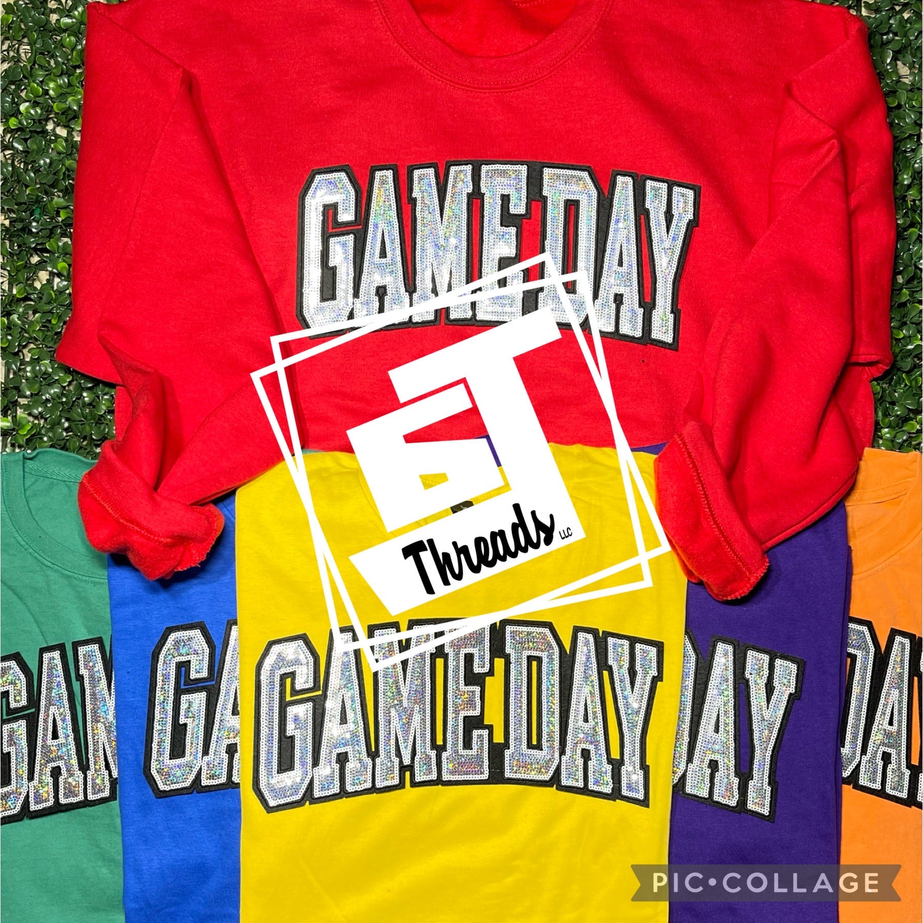 sequin game day patch on colorful shirts