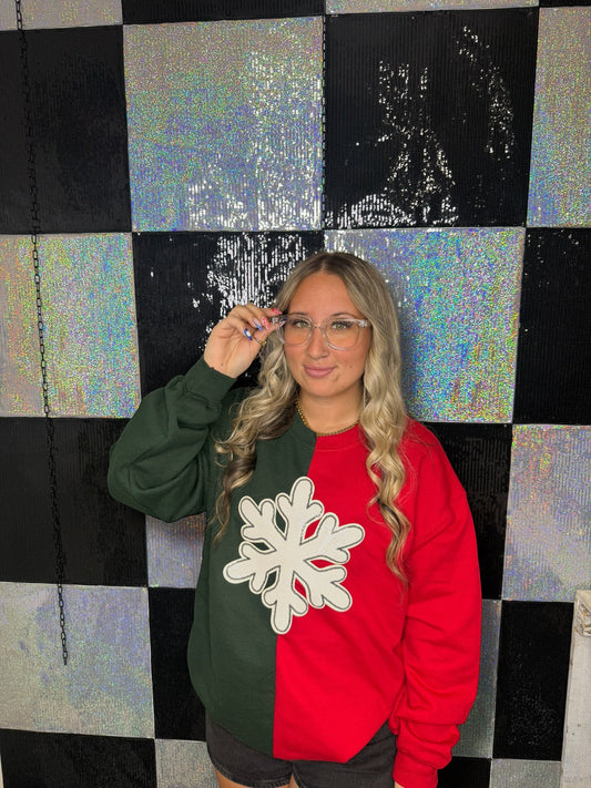 Split Crewneck Forest Green/Red- Snowflake