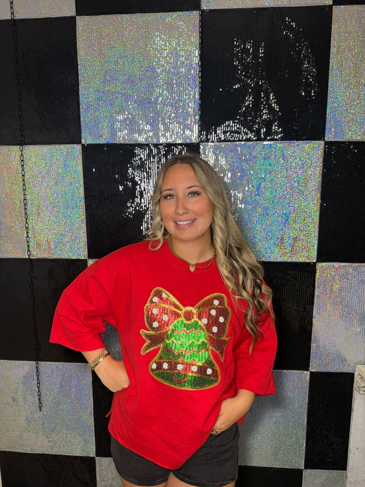 Red Boho Cut Crewneck- Sequin Bell