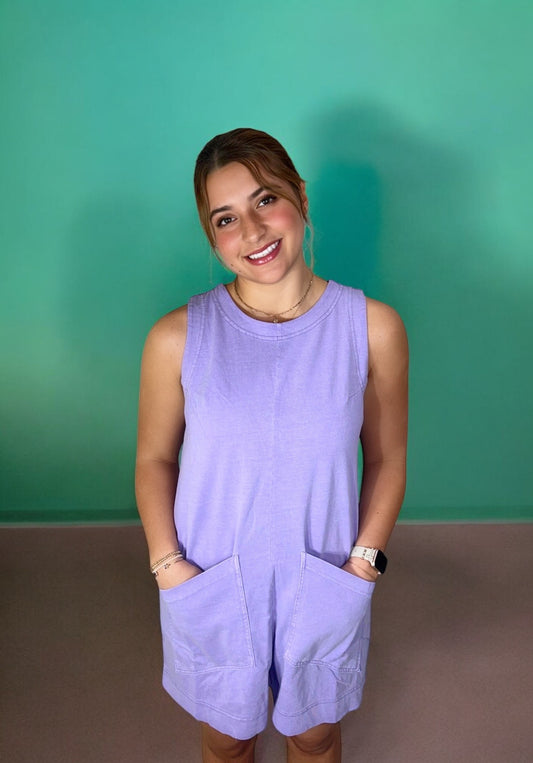 light purple romper with pockets