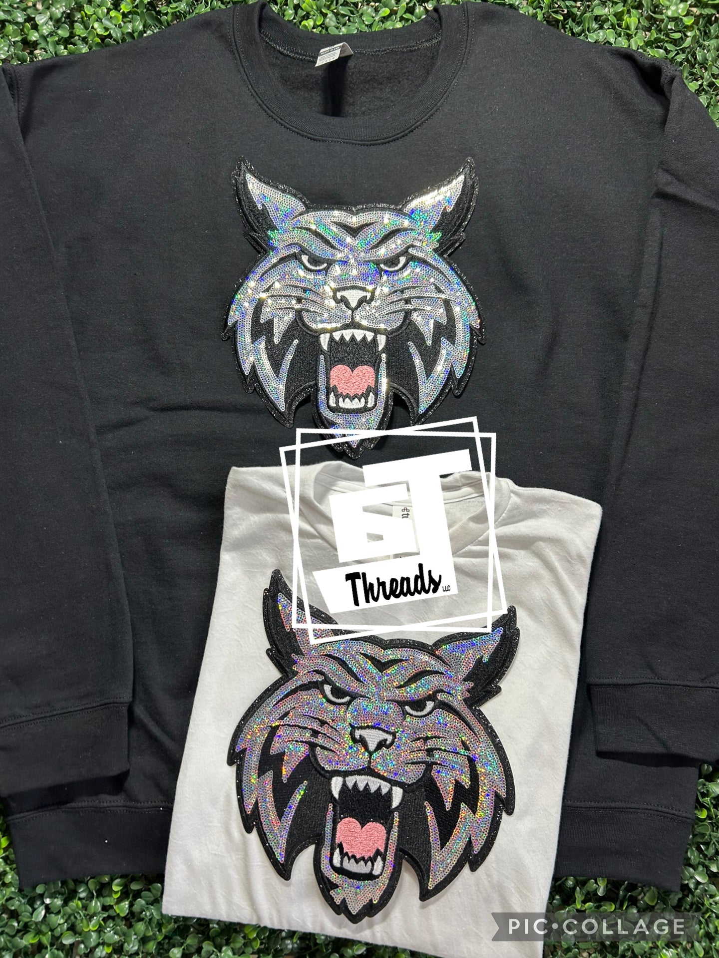 sequin wildcat mascot patch on black sweatshirt and white shirt