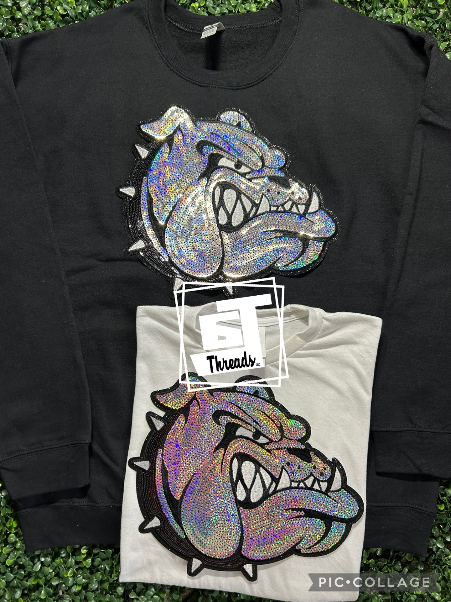 sequin bulldog mascot patch on black sweatshirt and white shirt