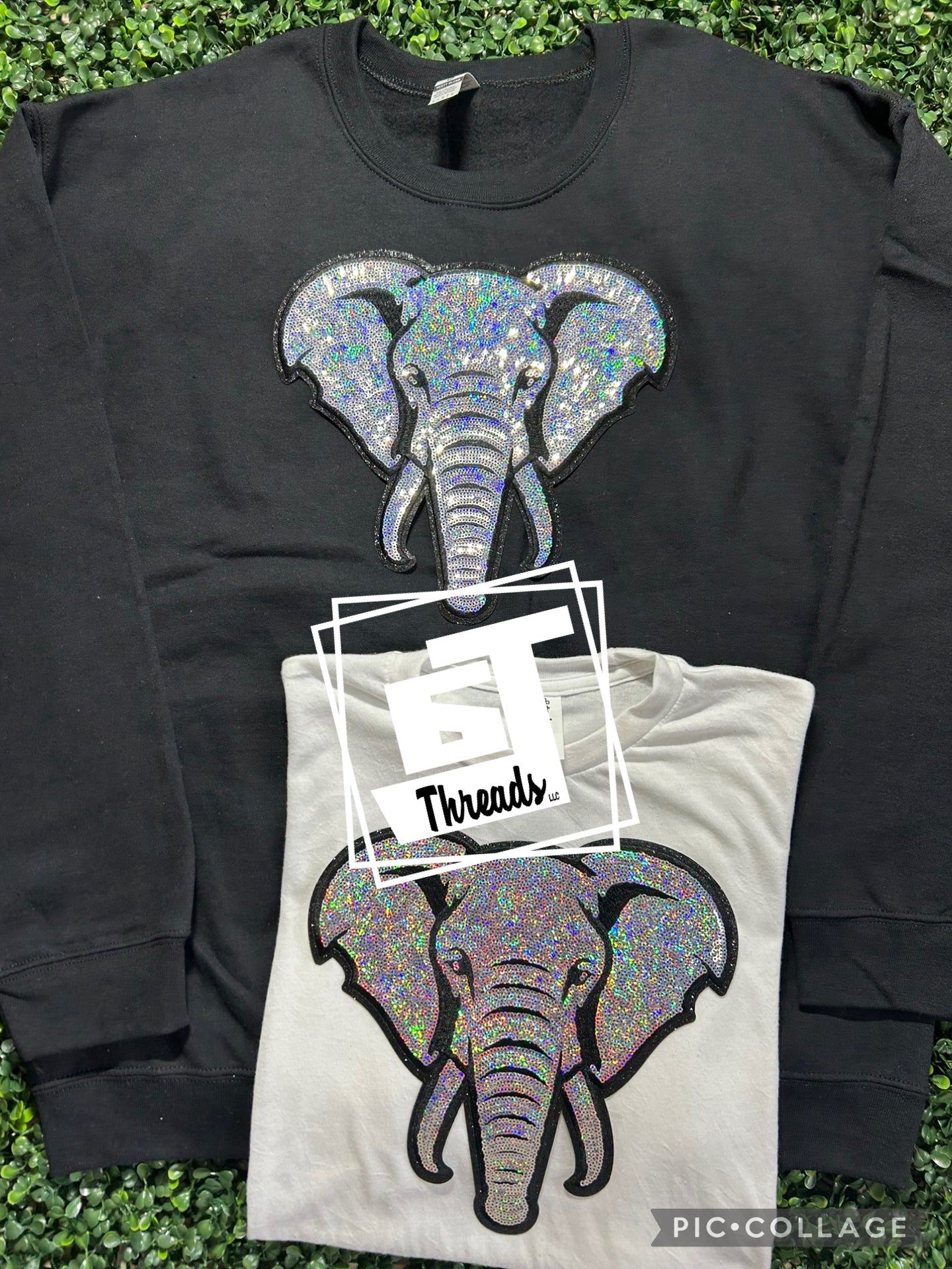 sequin elephant mascot patch on black sweatshirt and white shirt