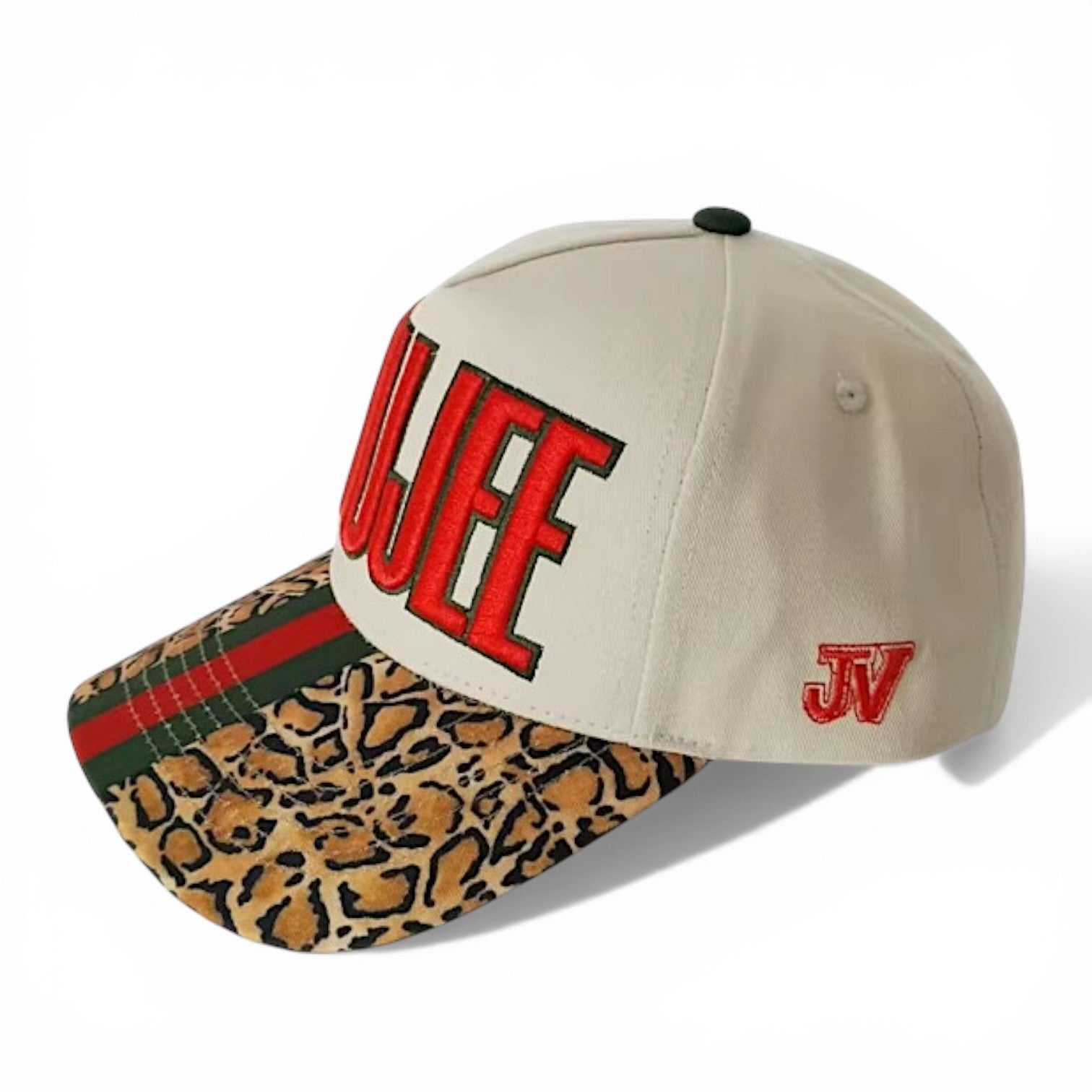 Beige cap with red text and leopard print brim on a white background