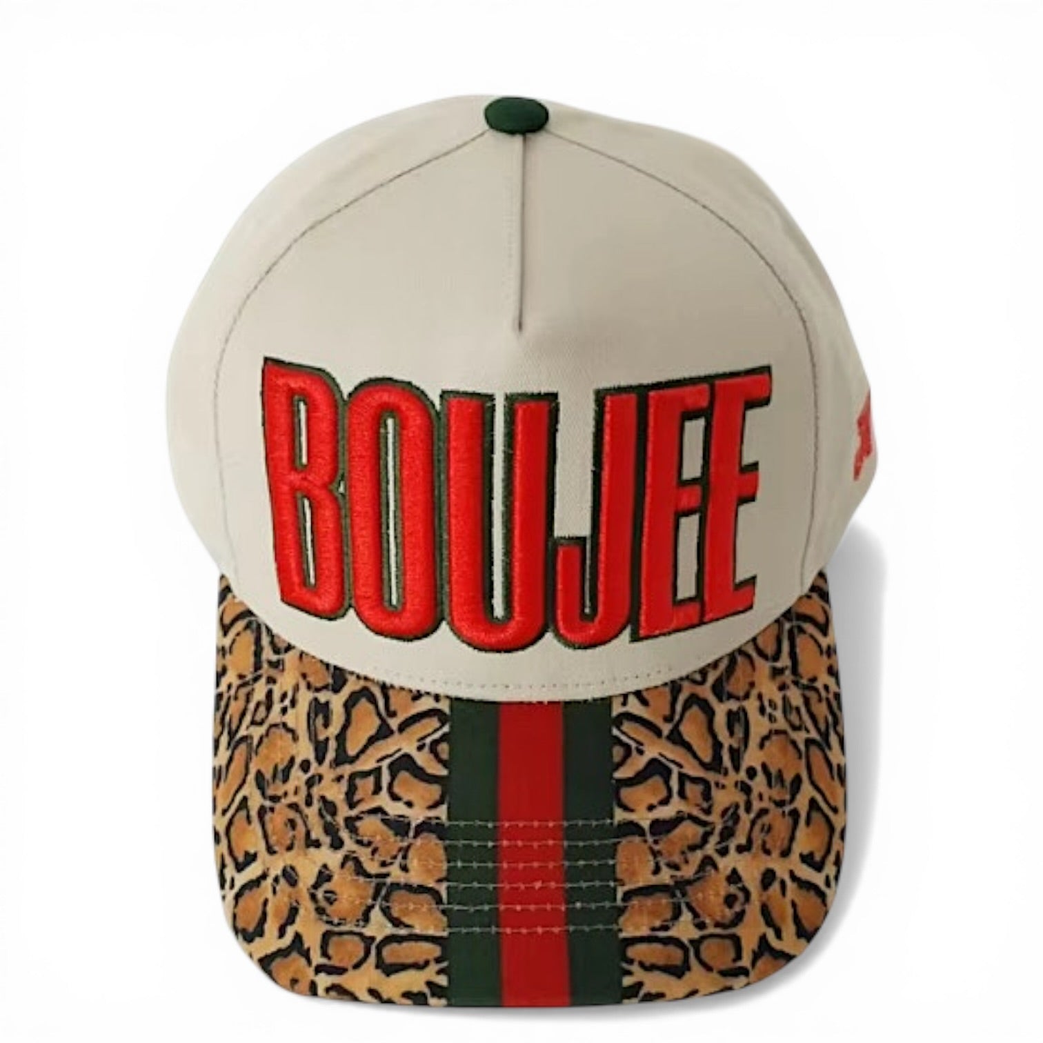 Beige cap with red 'BOUJEE' text and leopard print side, on a white background