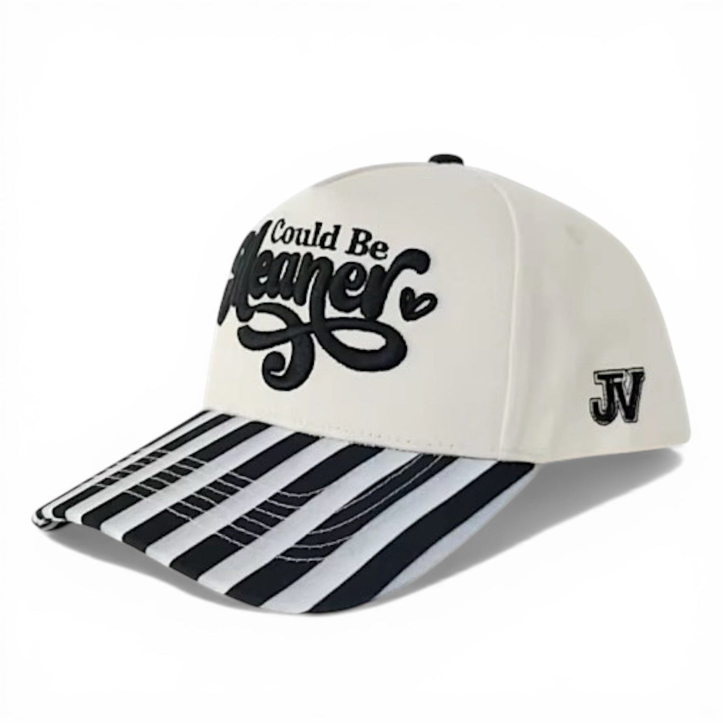 Cap with 'Could Be Meager' text and striped brim on a white background