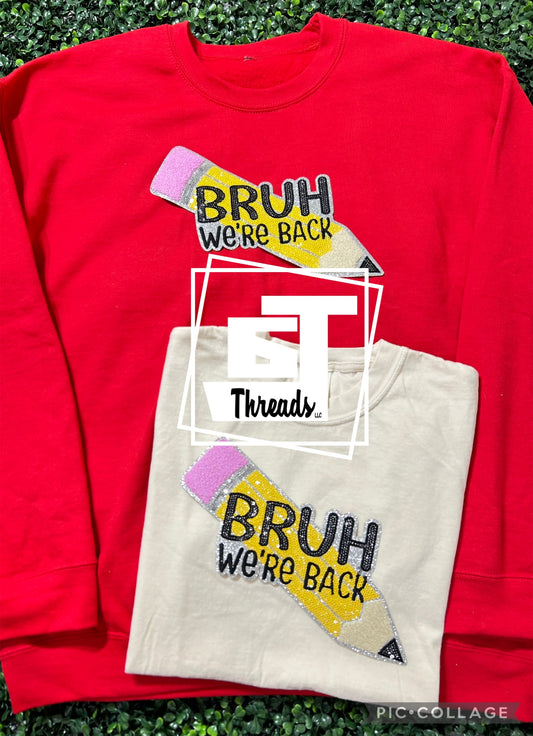 sequin bruh we're back patch on red sweatshirt and ivory shirt