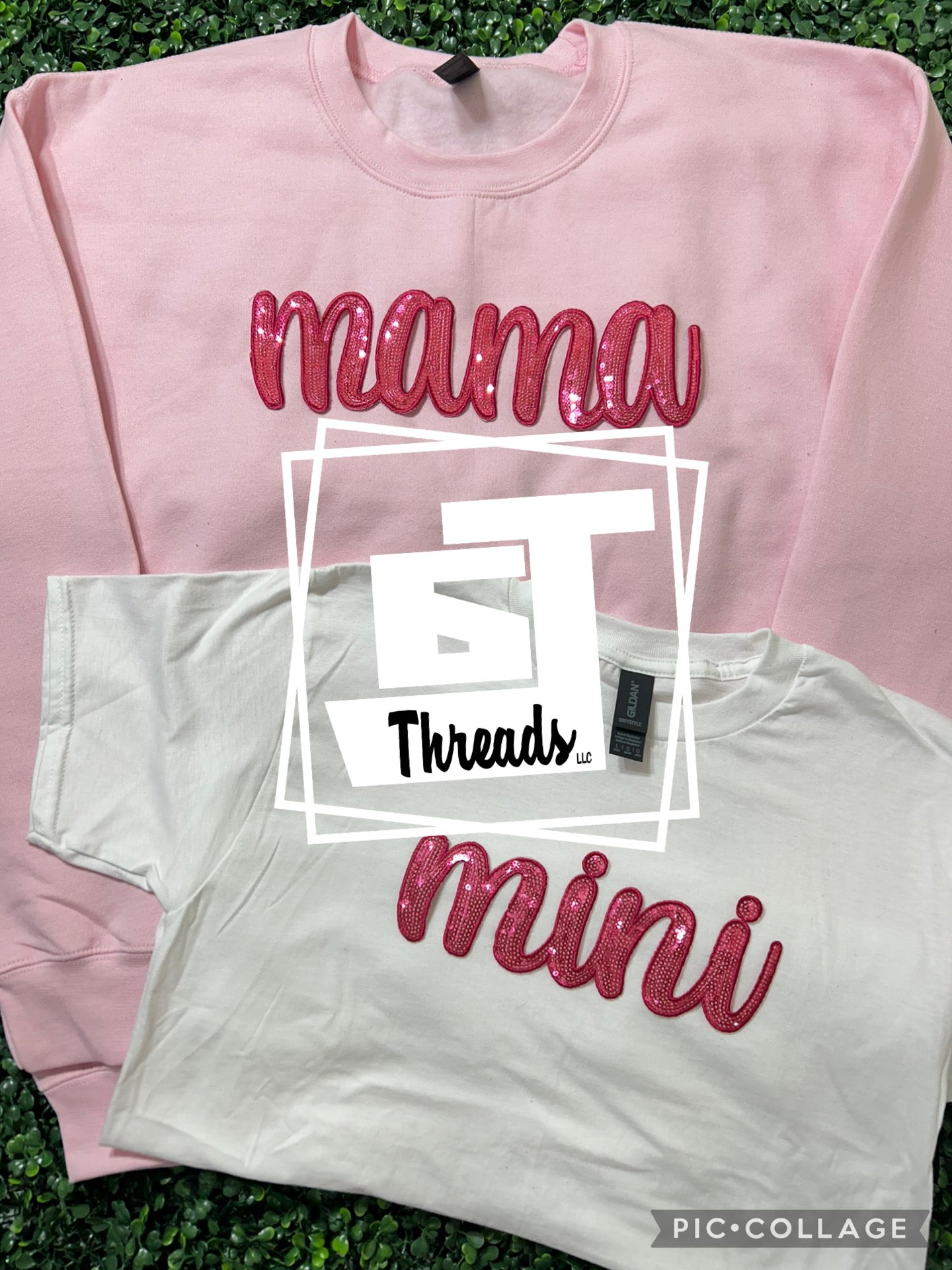 sequin mama and mini shirt on pink sweatshirt and white shirt