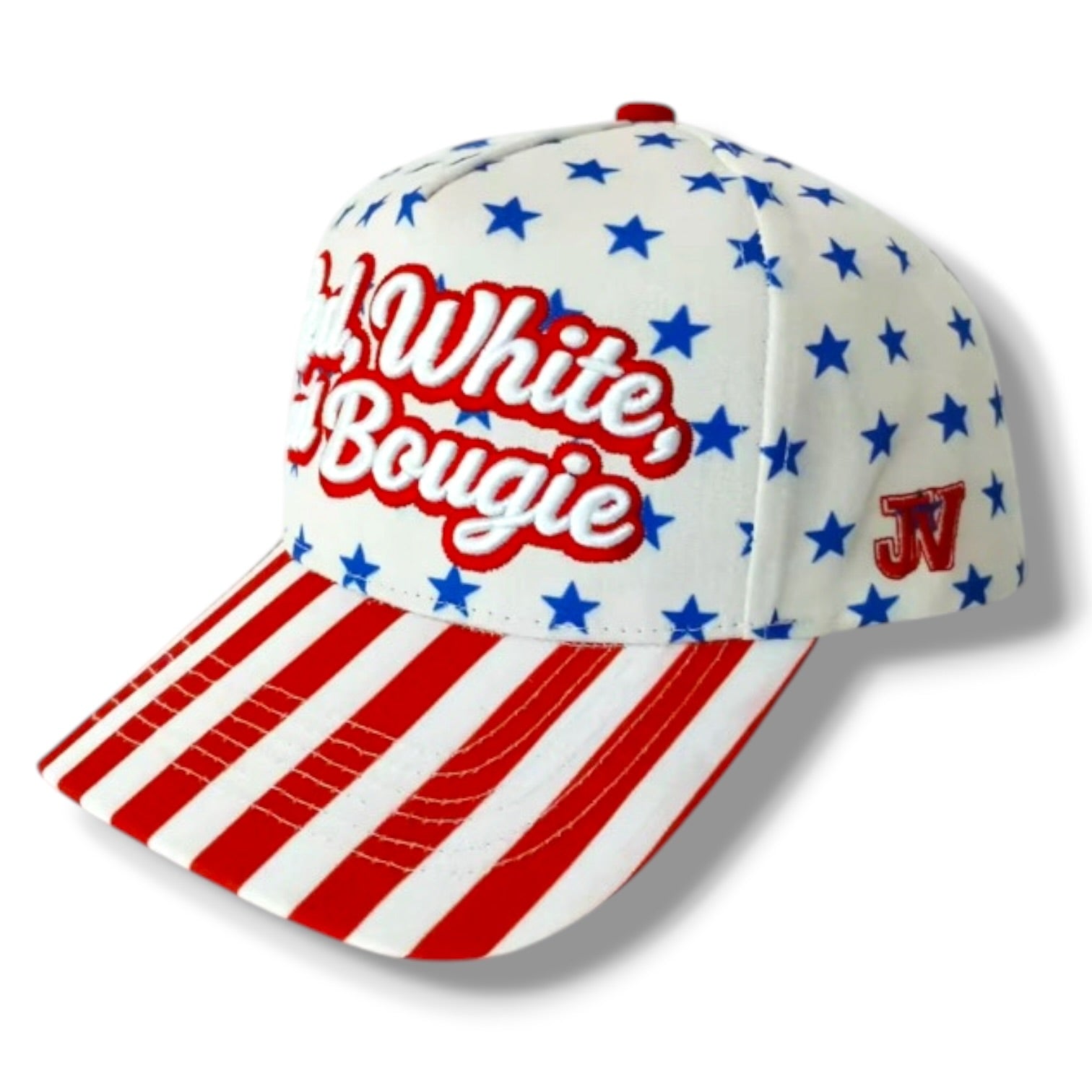 Cap with red, white, and blue design featuring text and stars on a white background