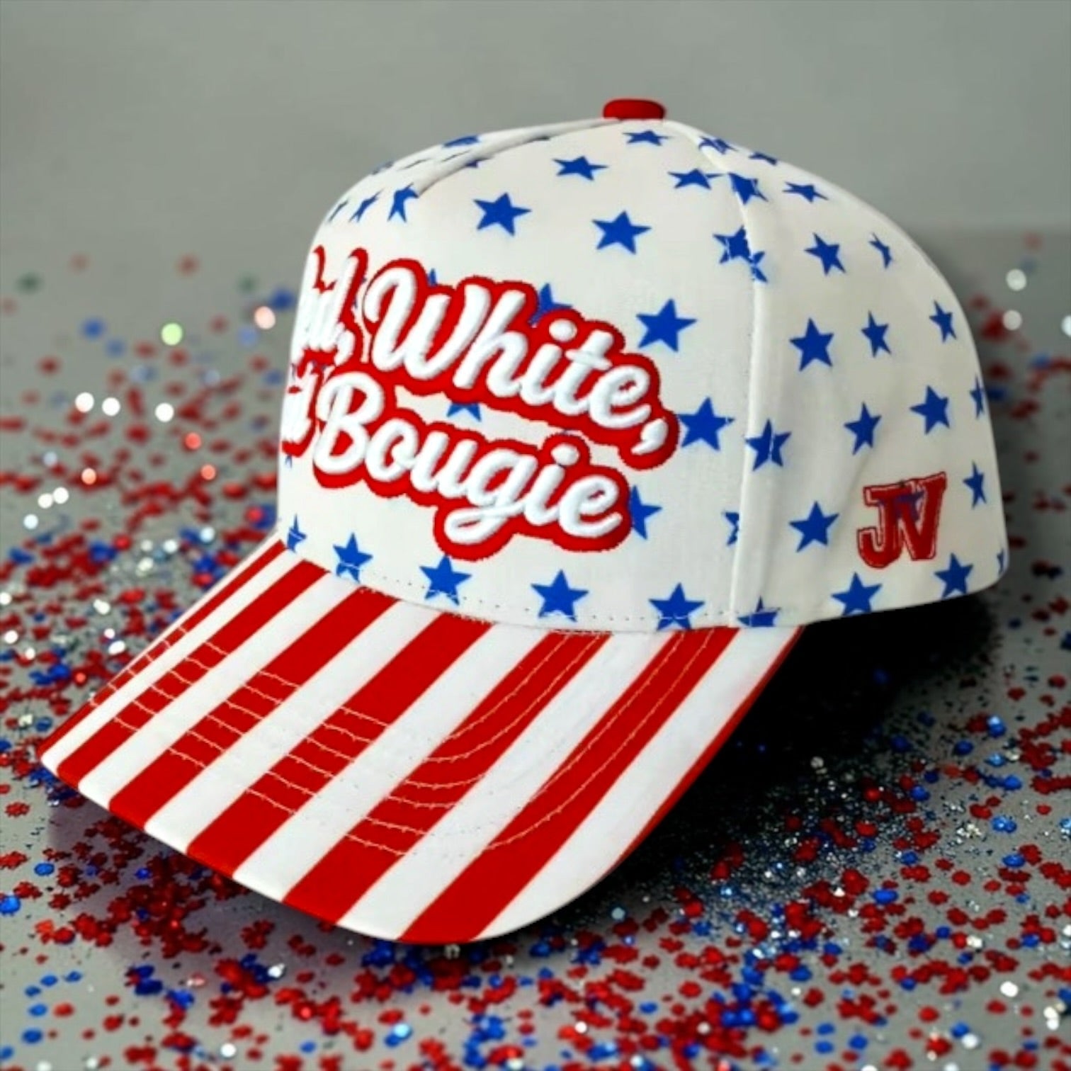 Cap with red, white, and blue design on a glittery background