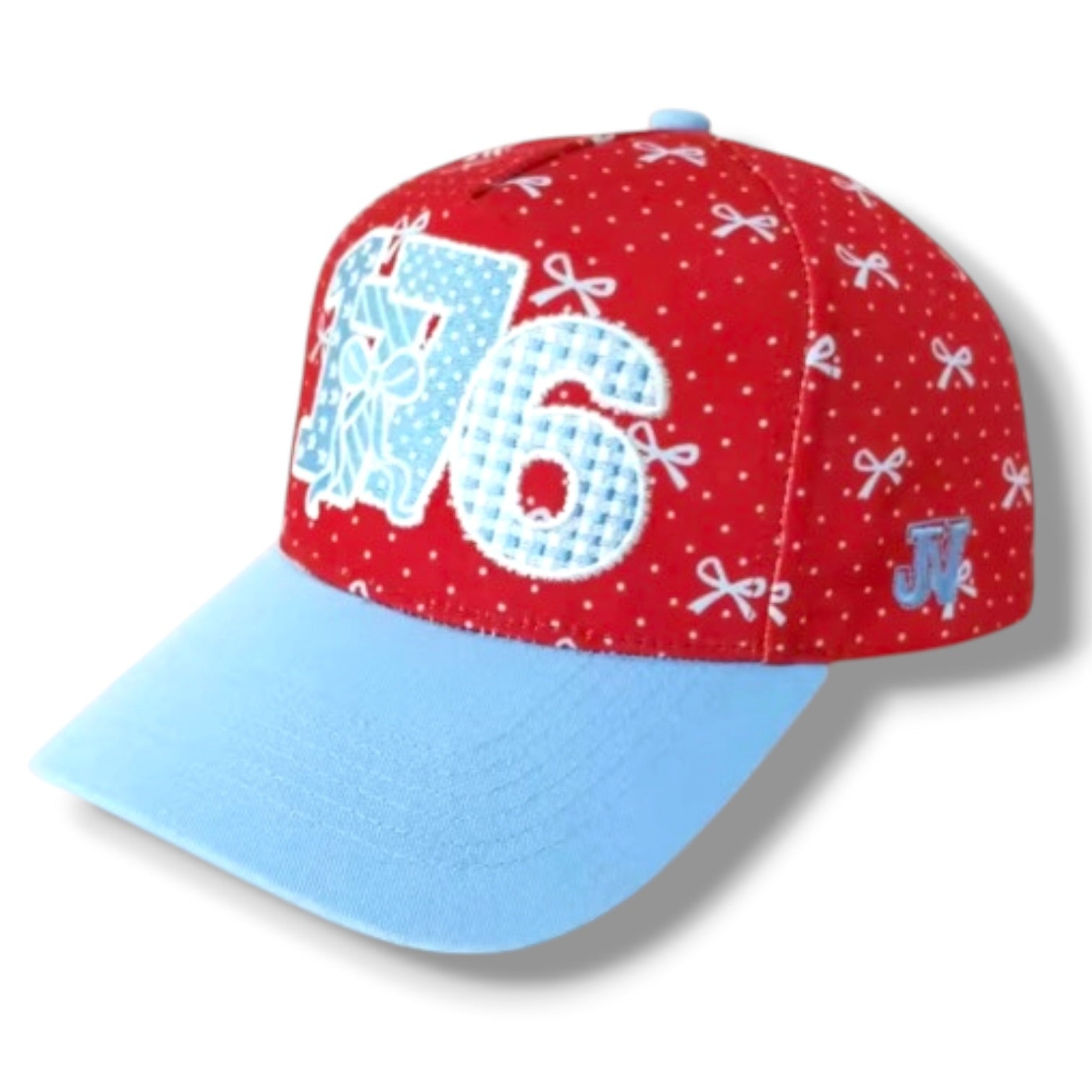 Red and blue cap with white patterns on a white background