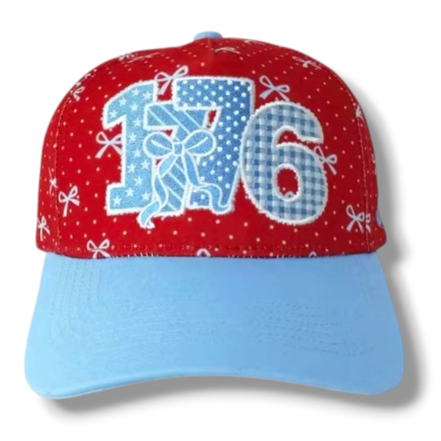 Red and blue cap with '176' design on a white background