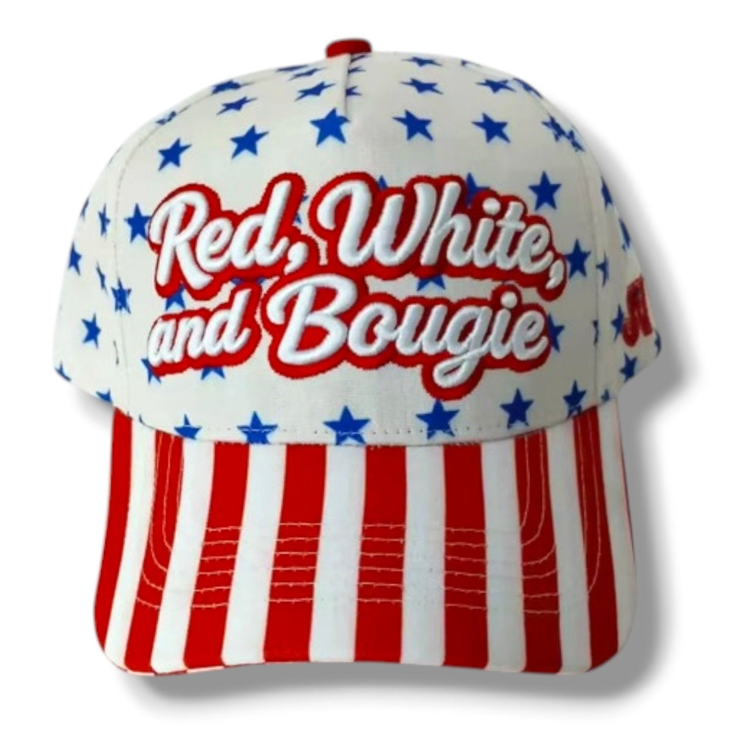 Cap with 'Red, White, and Bougie' text and American flag design on a white background