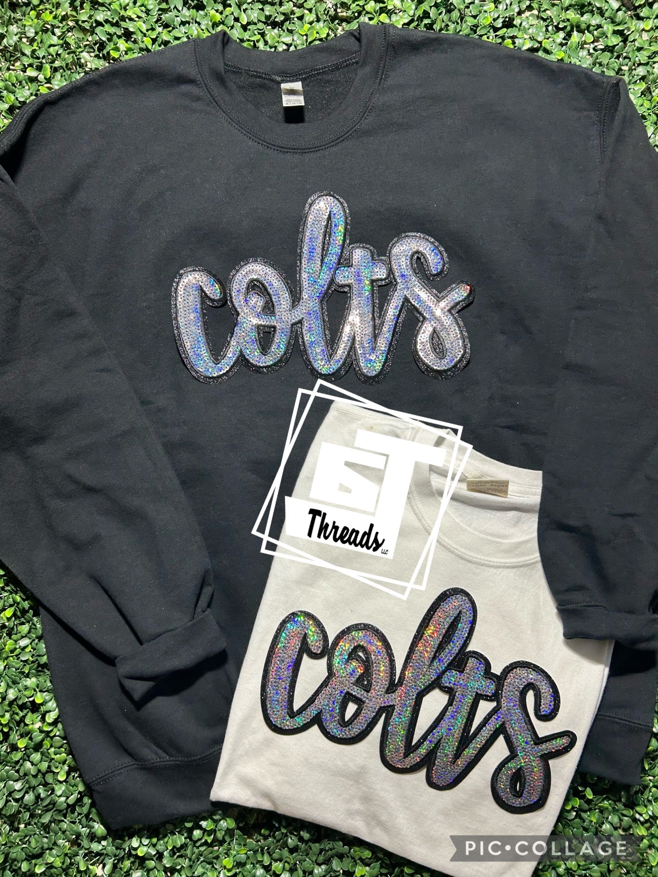 cursive sequin colts patch on black sweatshirt and white shirt