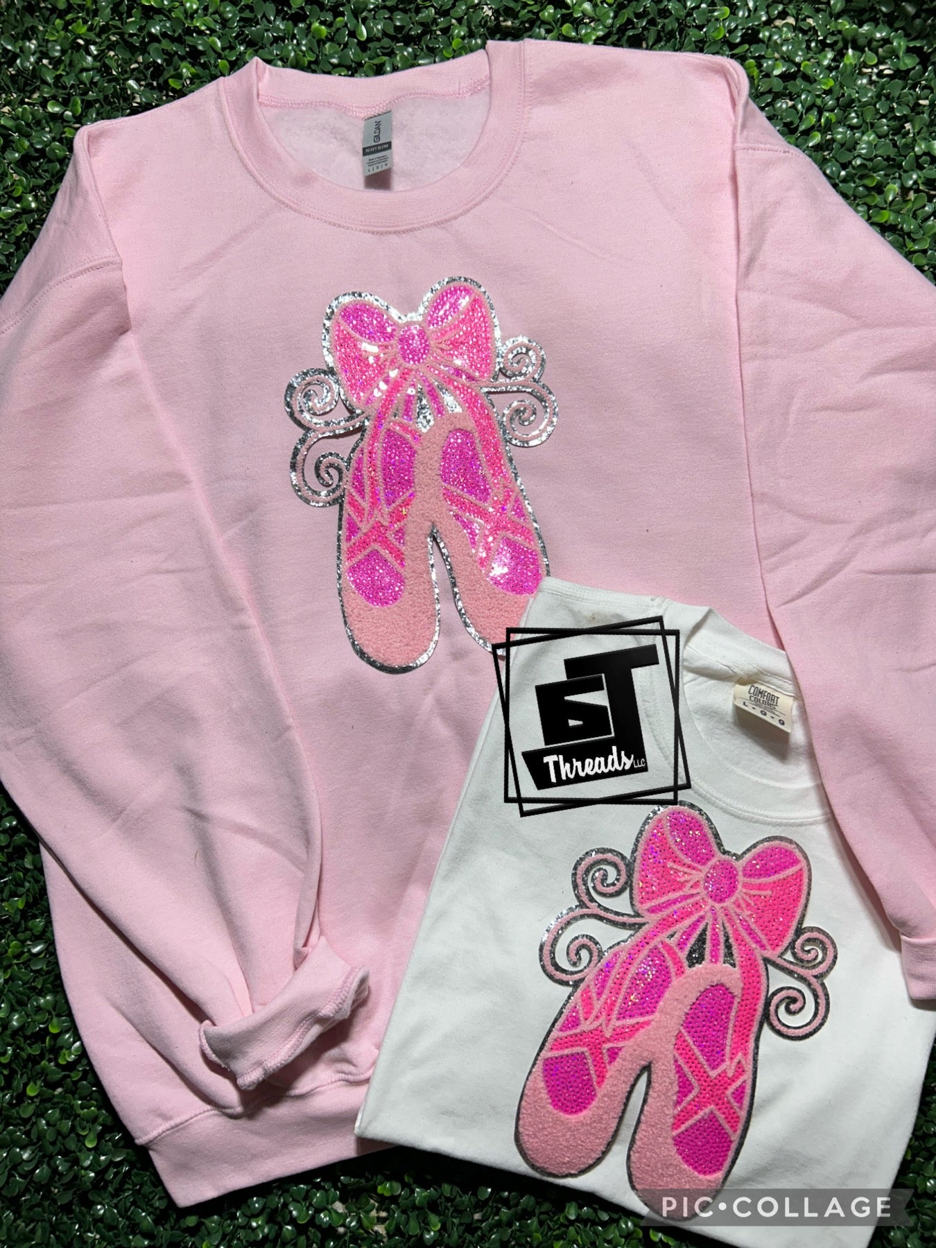 pink ballet shoes iron on patch pink sweatshirt white shirt