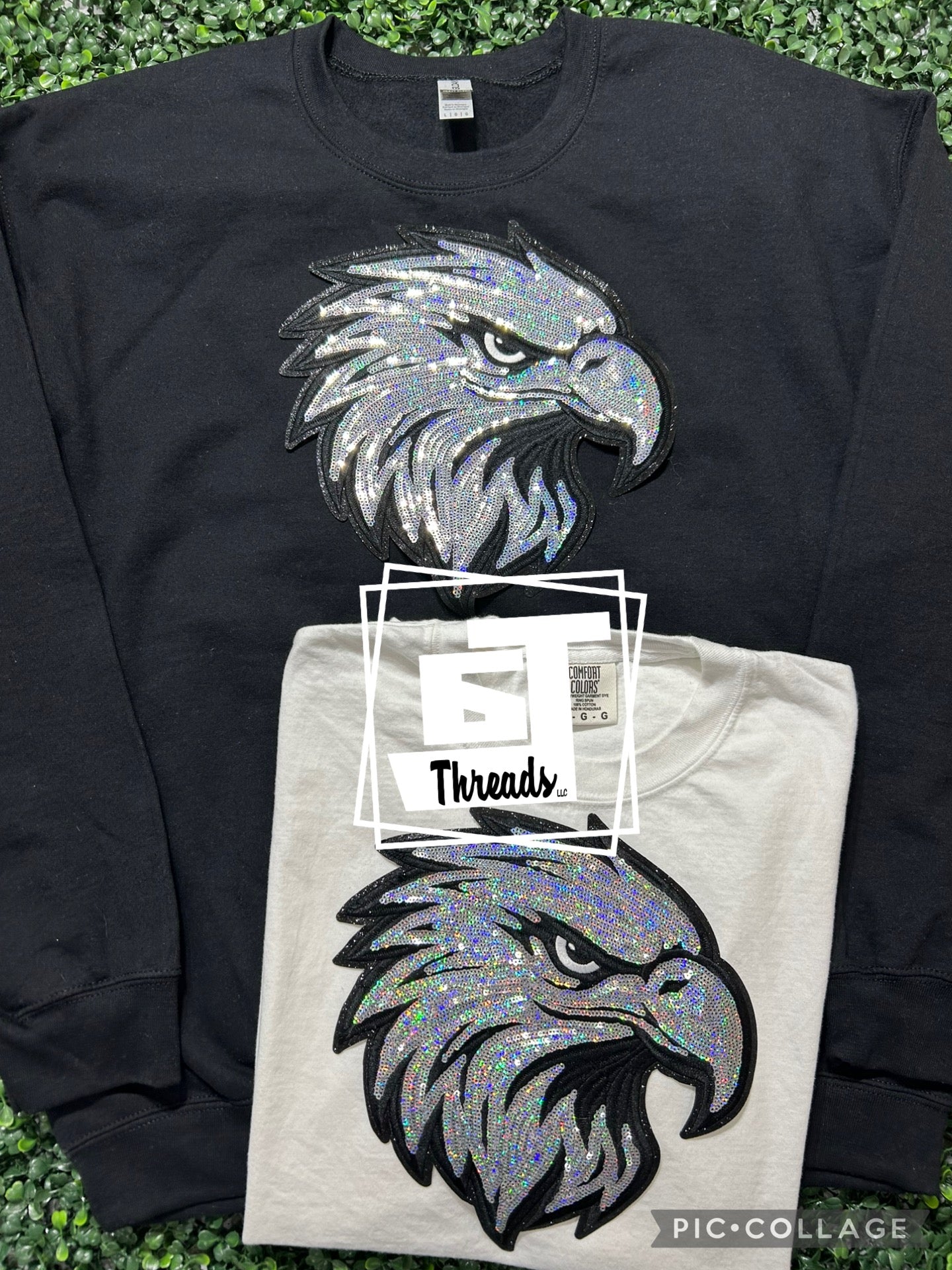 sequin eagle mascot patch on black sweatshirt and white shirt