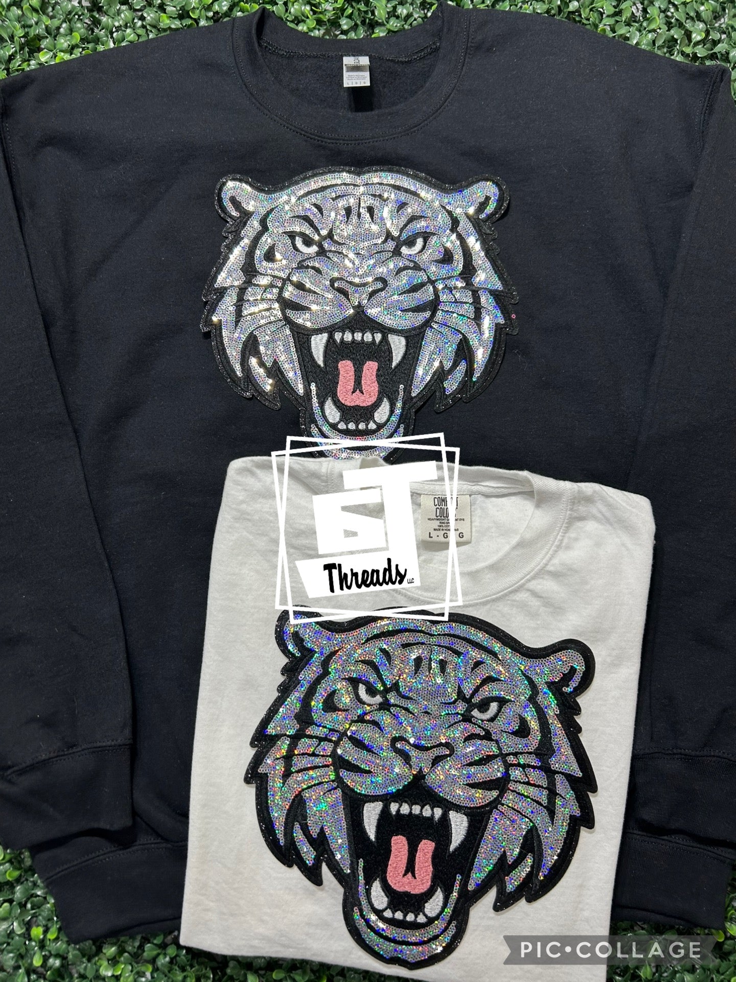 sequin tiger mascot patch on black sweatshirt and white shirt