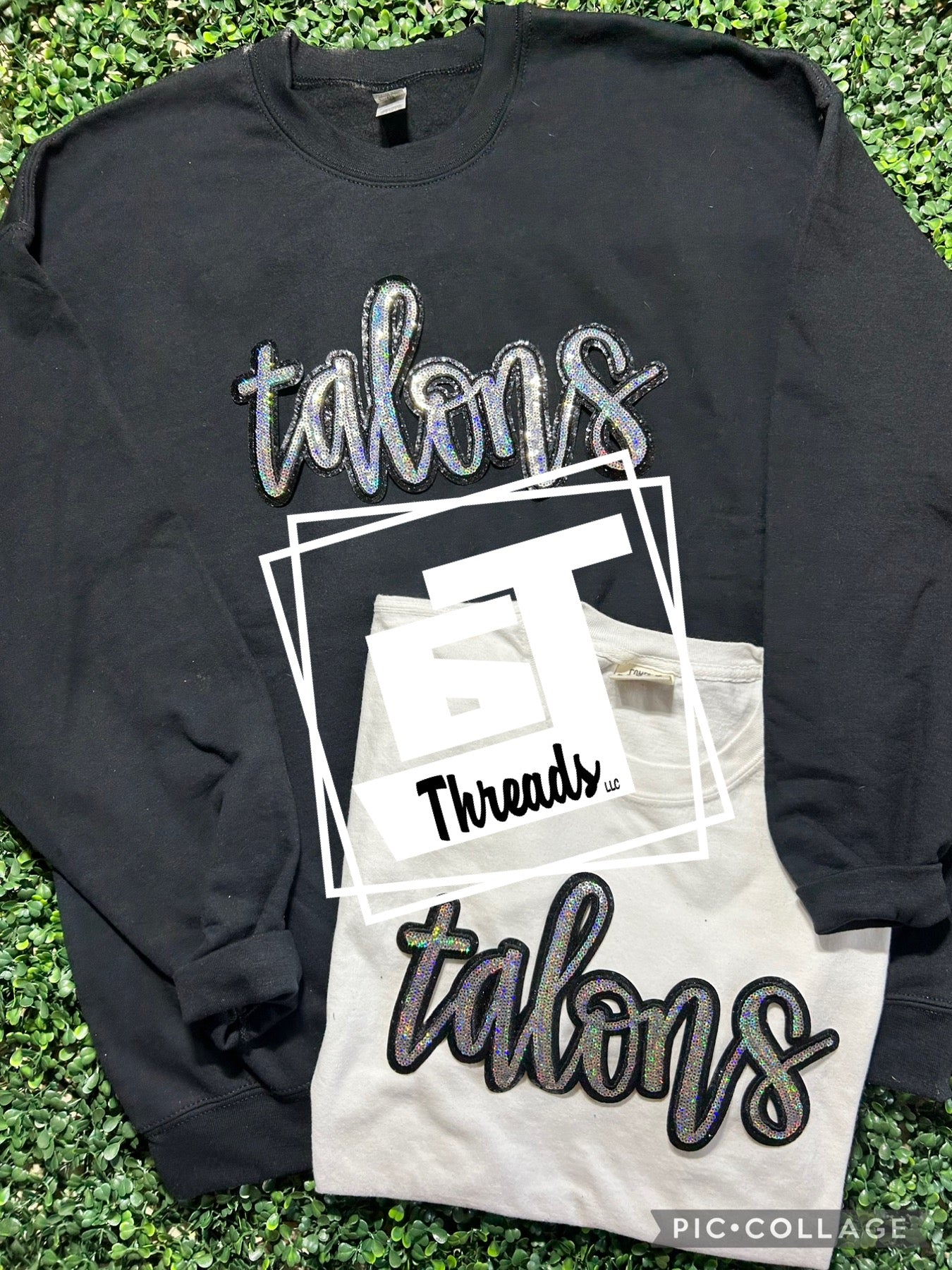 cursive sequin talons patch on black sweatshirt and white shirt