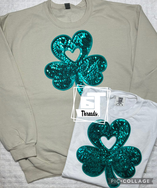 Sequins heart clover on sand crewneck and white tee shirt 