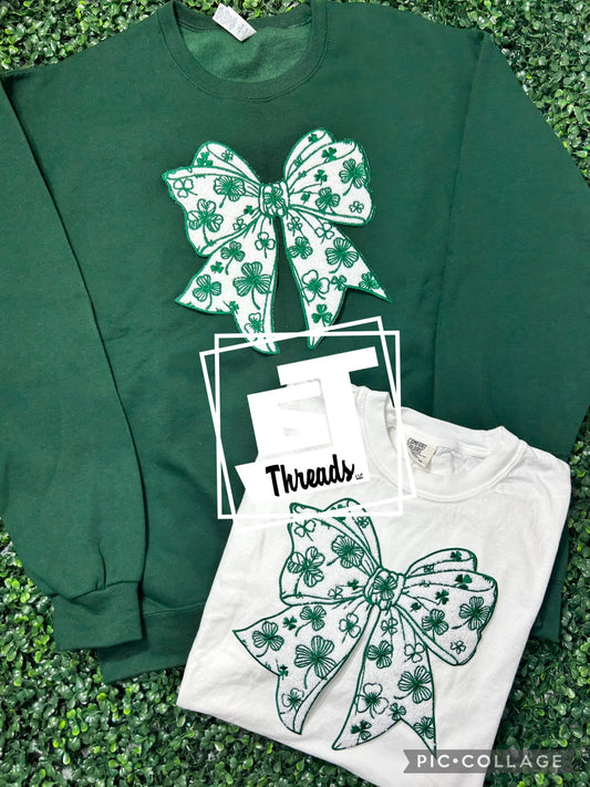 St. Patrick’s Day Chenille bow on a forest, green sweatshirt and white T-shirt