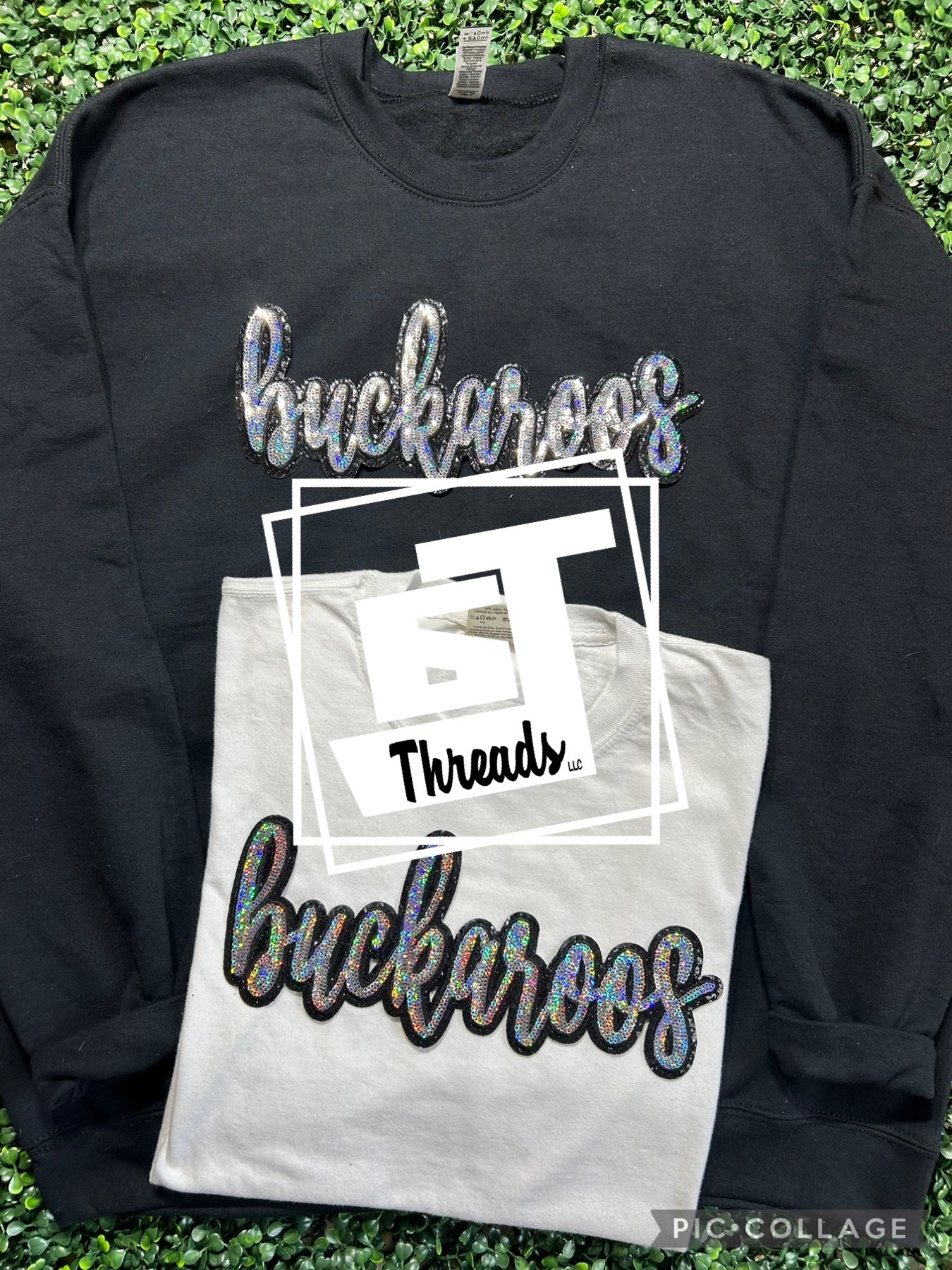cursive sequin buckaroos patch on black sweatshirt and white shirt