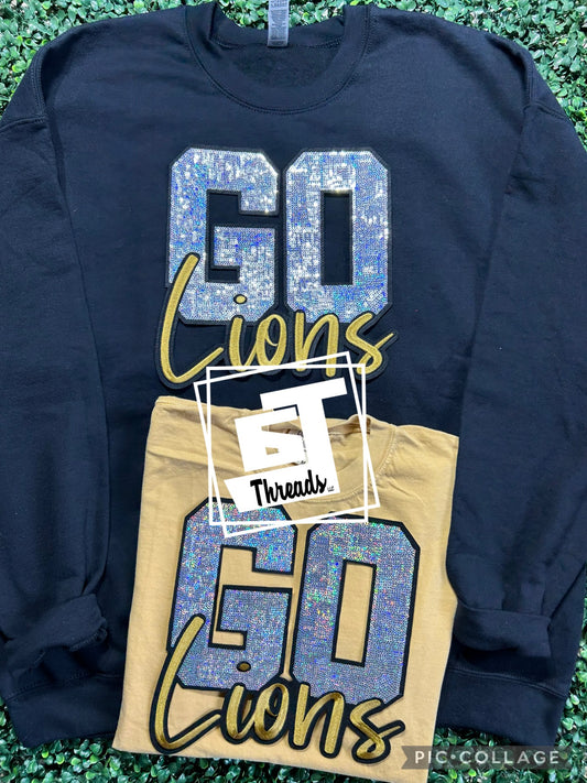go lions sequin patch on black sweatshirt and gold shirt
