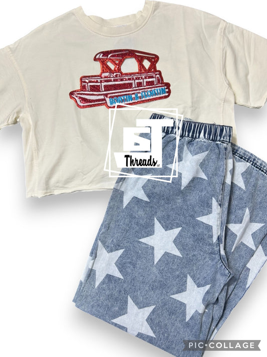 Boatin & Floatin sequins patch on a cream crop top