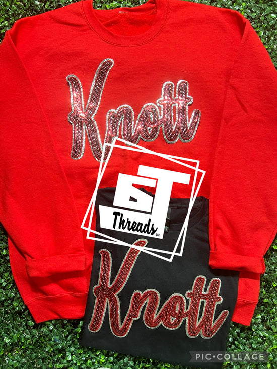 Red Cursive Sequin Knott