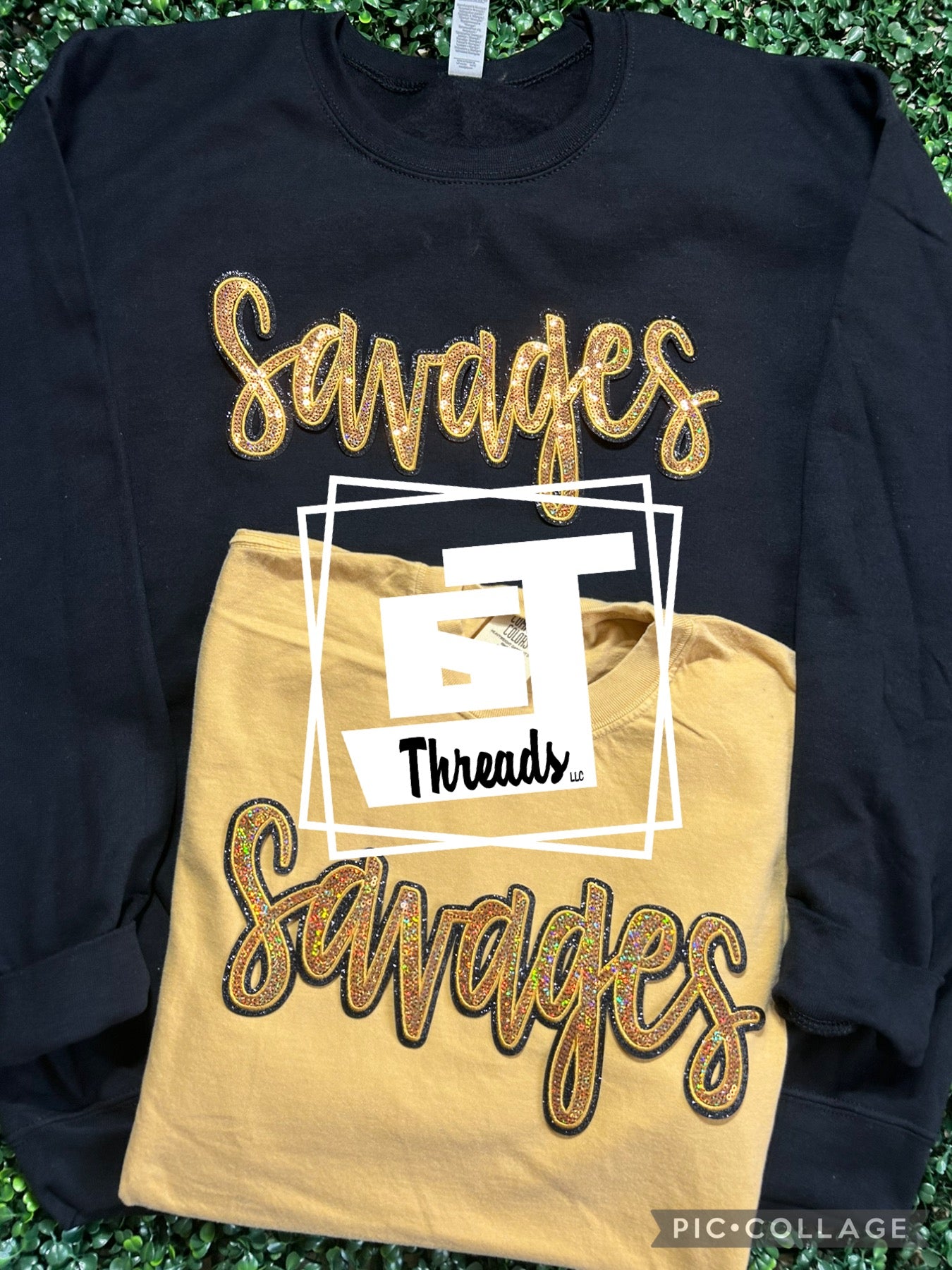 black and gold cursive sequin savages patch on black sweatshirt and gold shirt