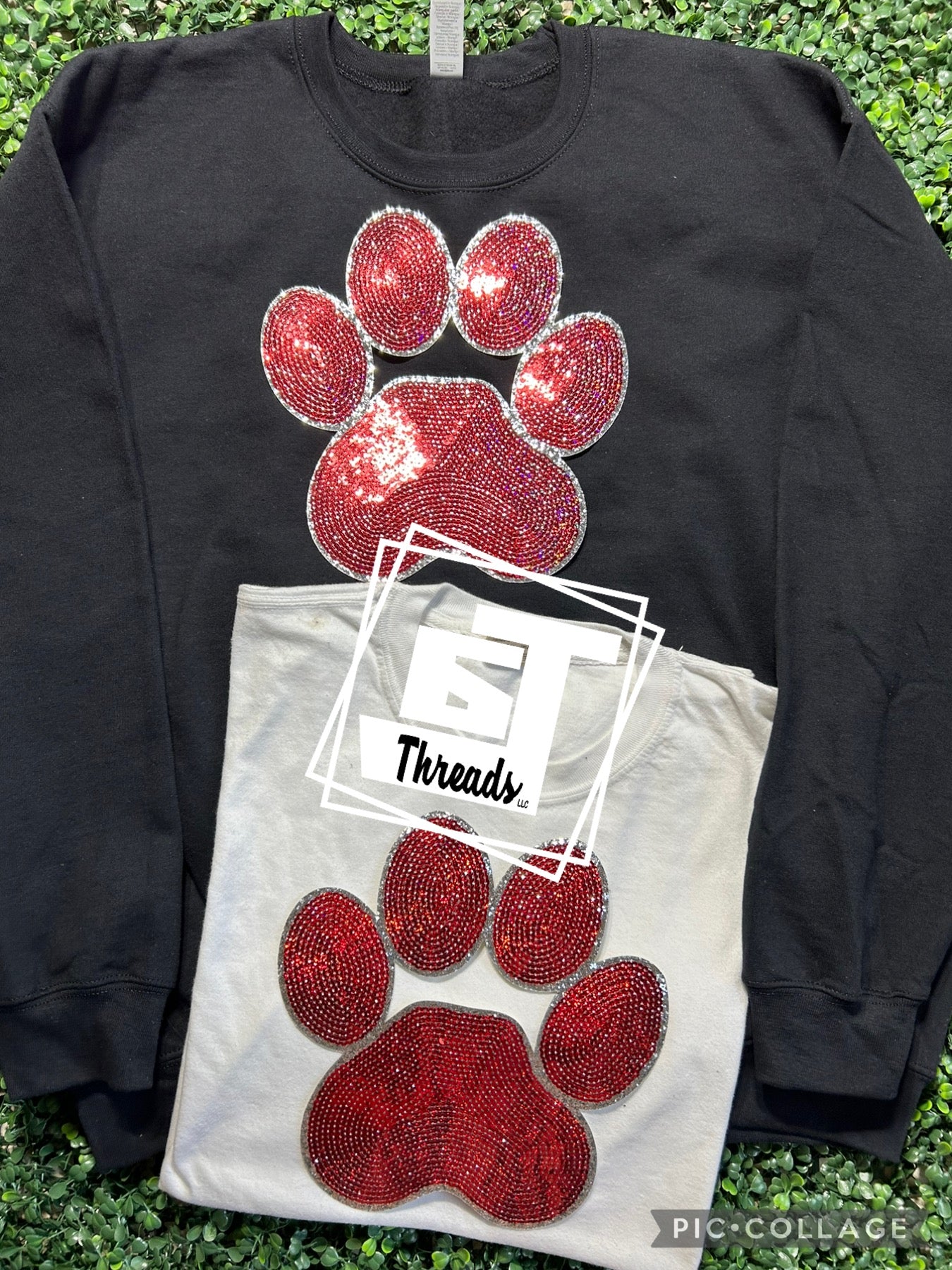 red sequin paw print patch on red sweatshirt and white shirt