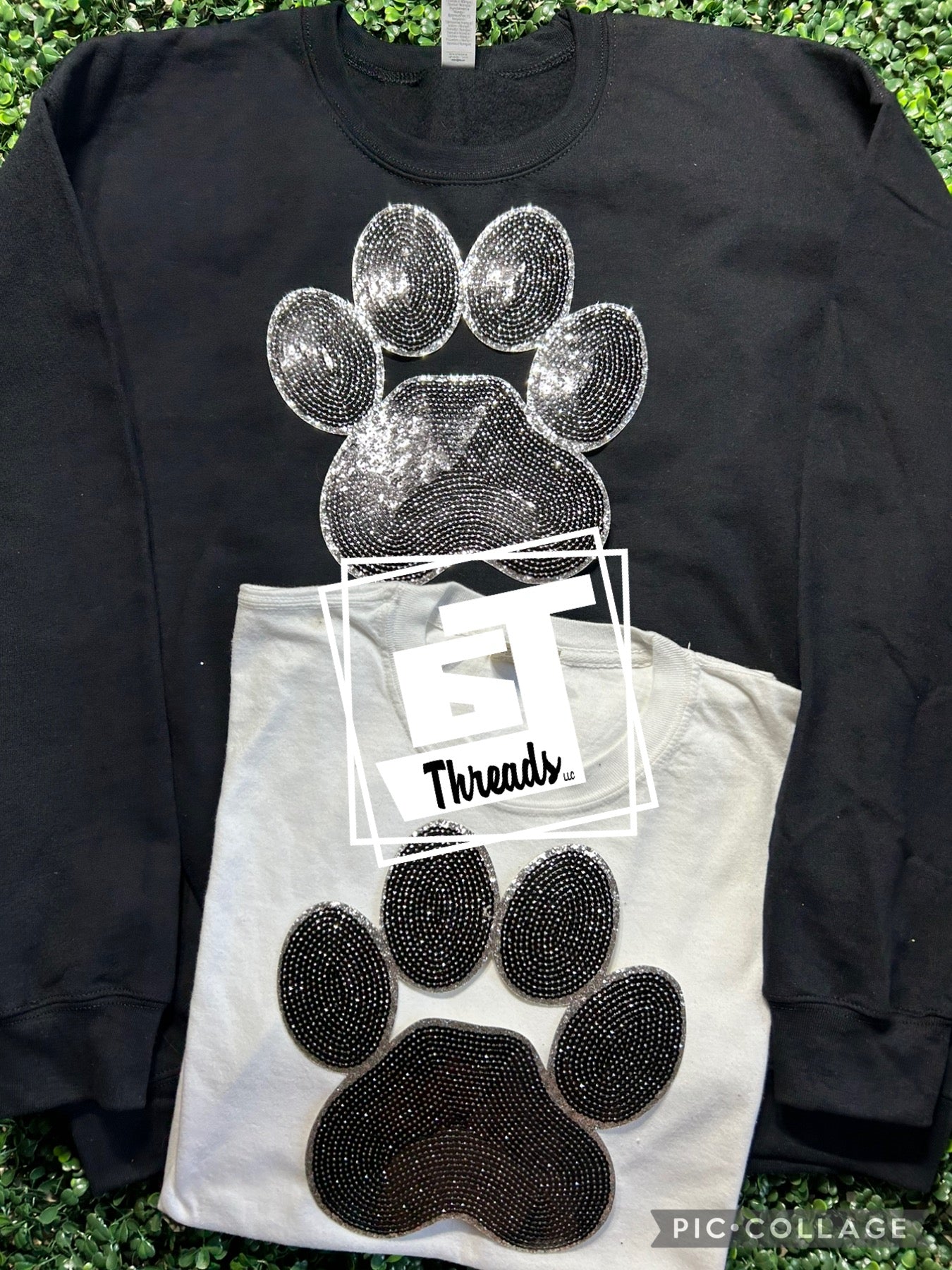 black sequin paw print patch on black sweatshirt and white shirt