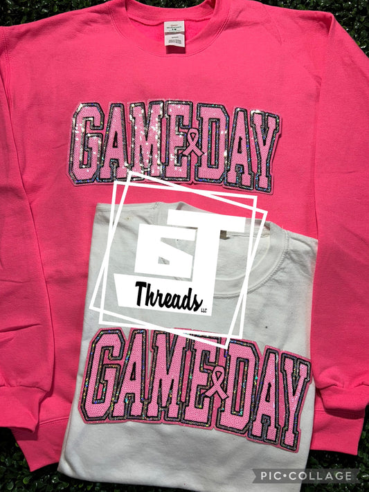 pink sequin game day patch on pink sweatshirt and white shirt
