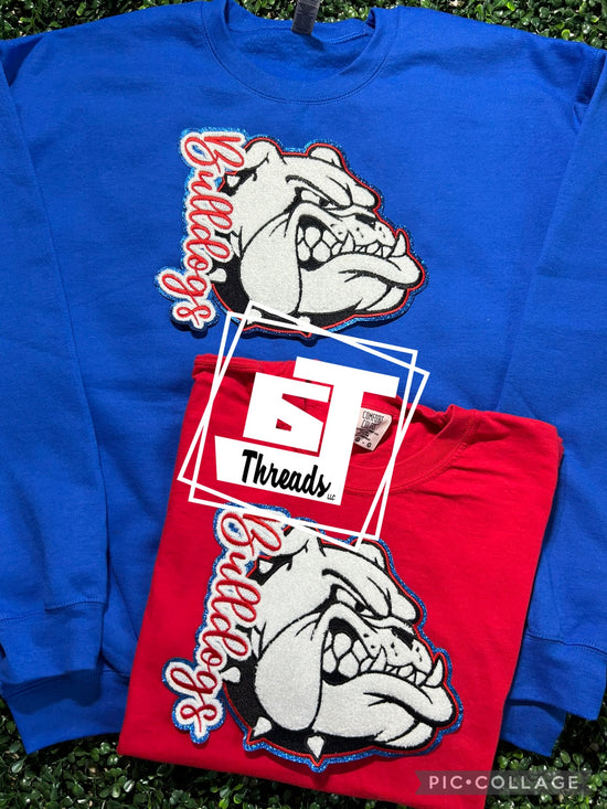 Red and Blue Cursive Bulldogs with Mascot