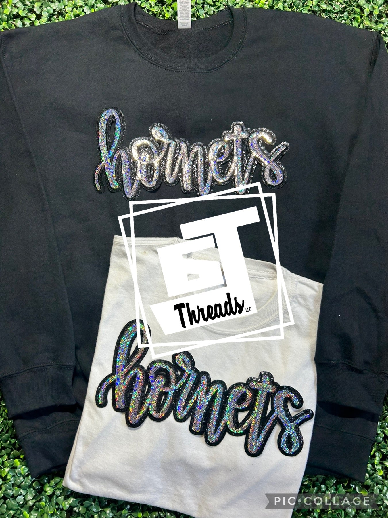 cursive sequin hornets patch on black sweatshirt and white shirt