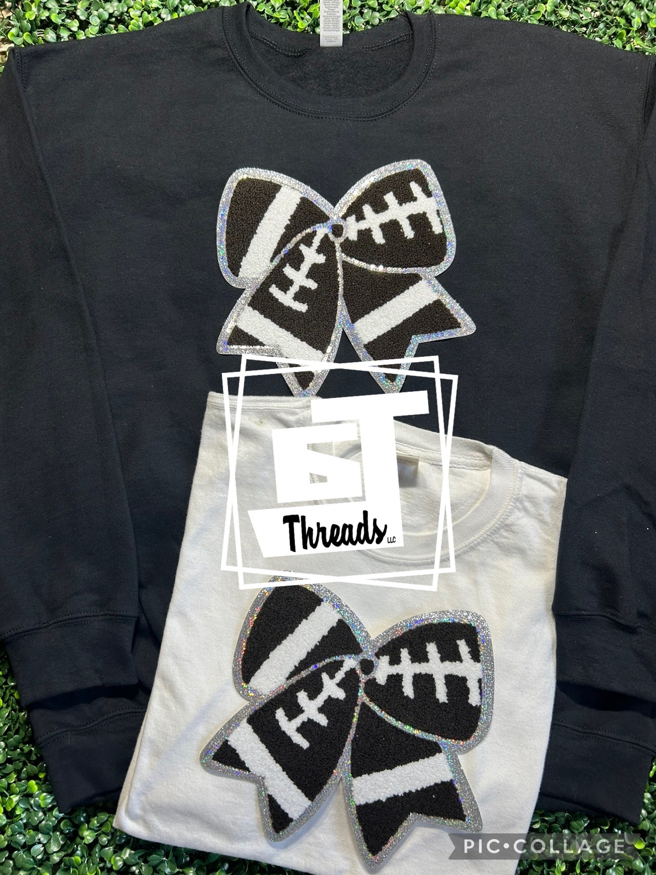 football bow iron on patch black sweatshirt white shirt