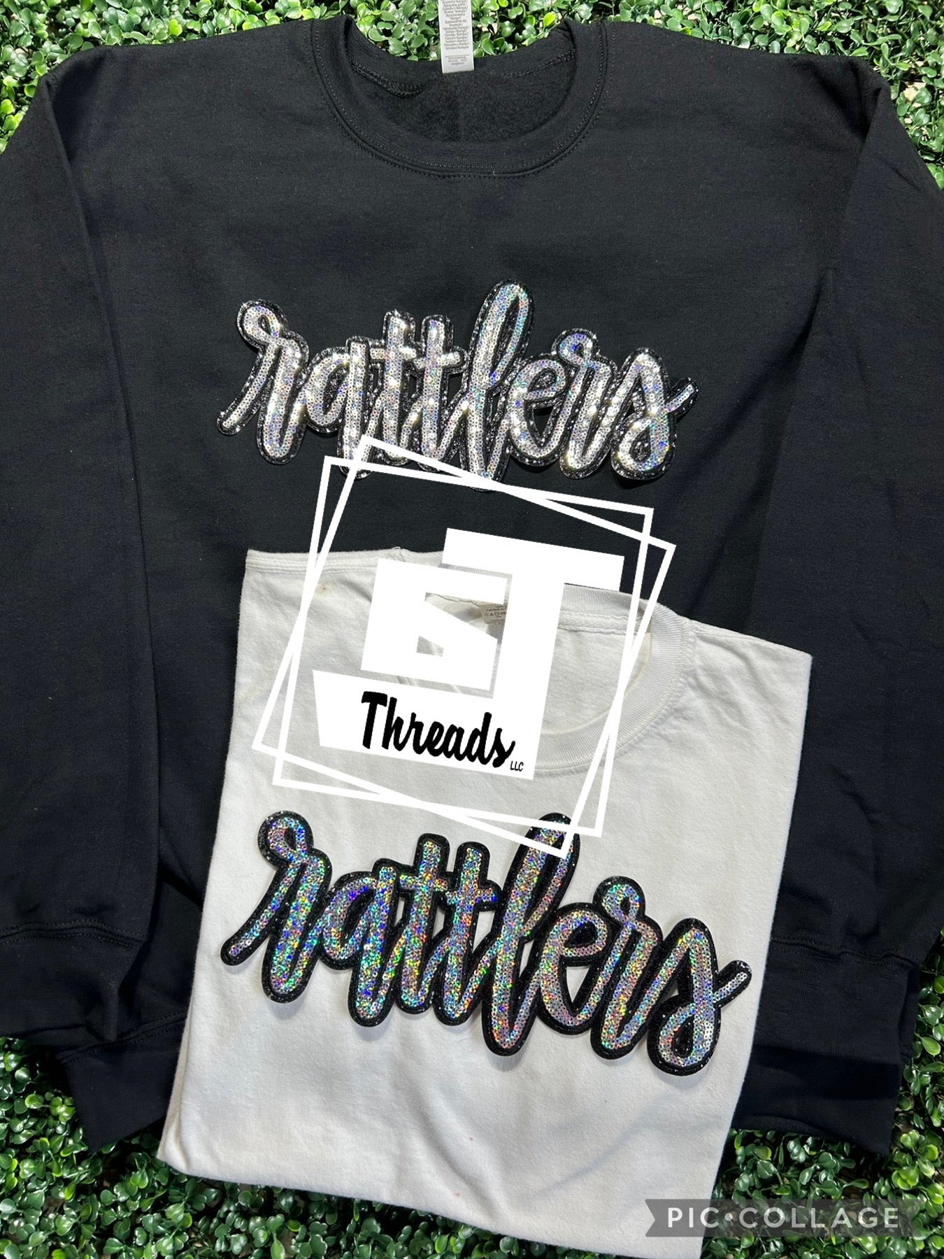 silver cursive sequin rattlers iron on patch balck sweatshirt white shirt