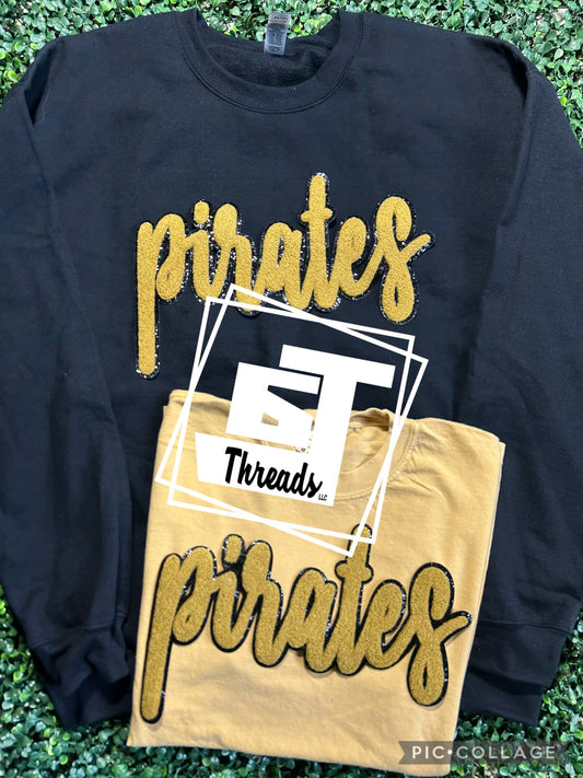 gold cursive chenille pirates patch on black sweatshirt and gold shirt