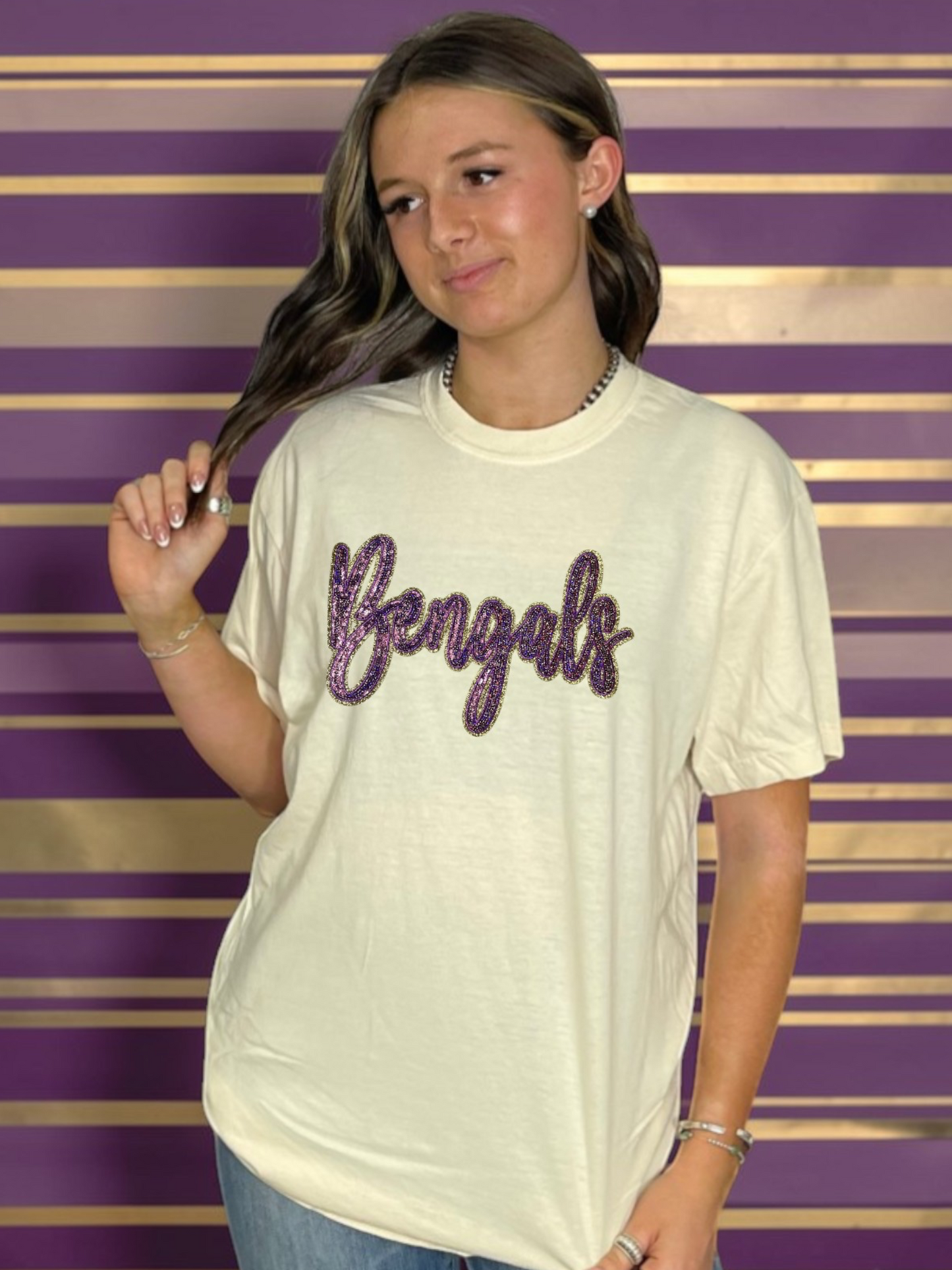 Purple and Gold Cursive Sequin Bengals T-Shirt