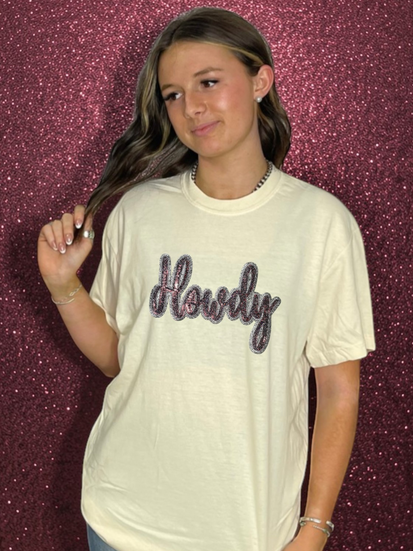 Maroon Sequin Cursive Howdy T-Shirt