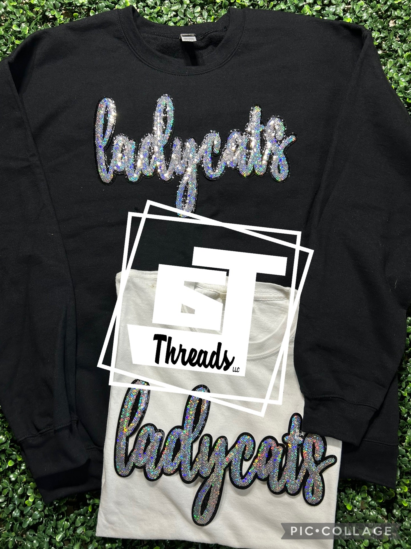 cursive sequin lady cats patch on black sweatshirt and white shirt